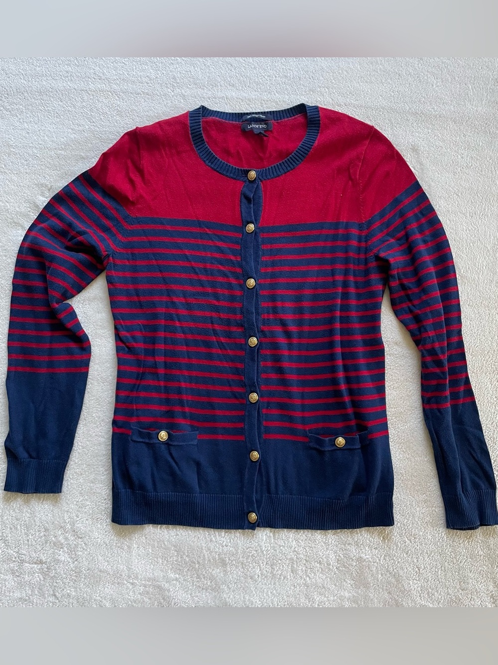 Lands End Red Navy Blue Nautical Cardigan size S 100% Cotton